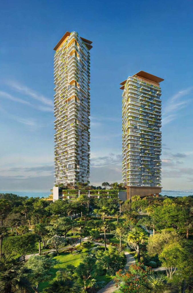 Soulever twin towers above lush tropical gardens, Dubai Maritime City