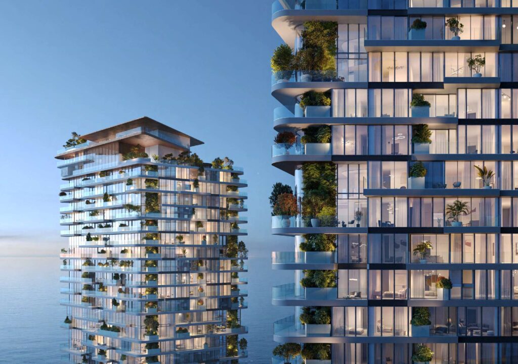 Planted balconies on the Soulever towers by the sea, Dubai Maritime City