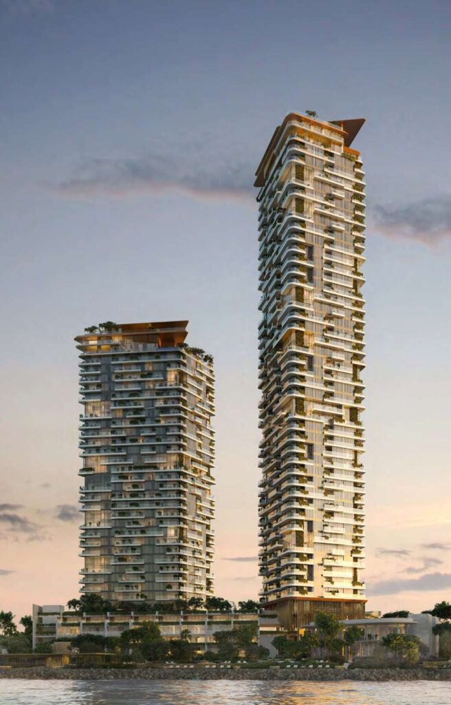 Soulever towers at sunset on the waterfront, Dubai Maritime City