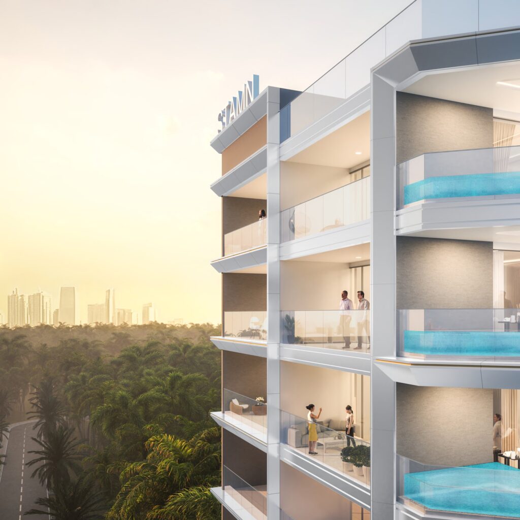 Stamn One balconies with private plunge pools above green trees, Al Wasl, Dubai
