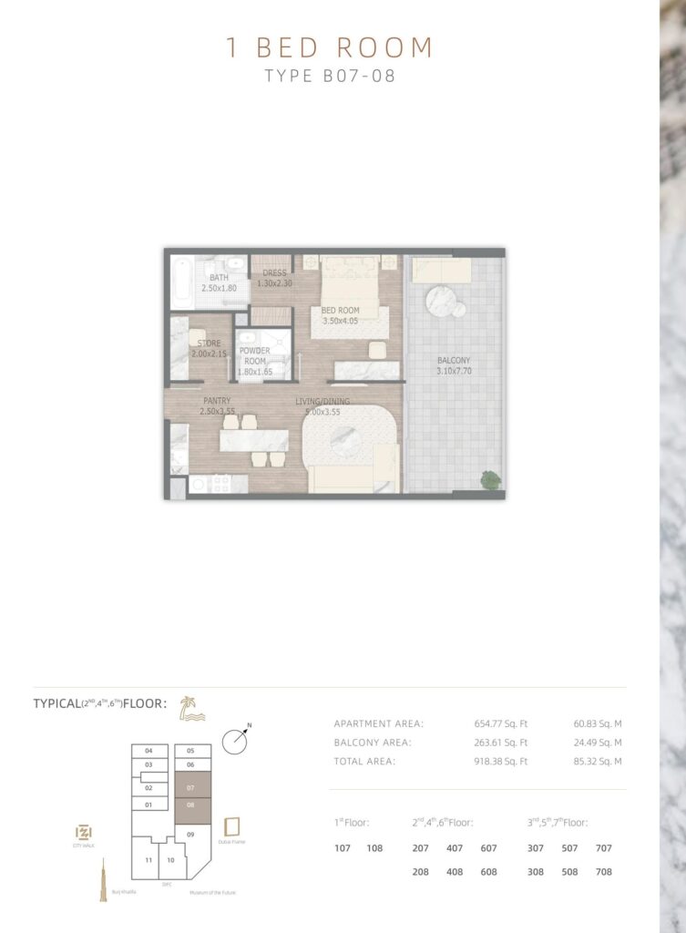 Stamn One 1 bedroom apartment floor plan, type B07 to B08, Al Wasl, Dubai