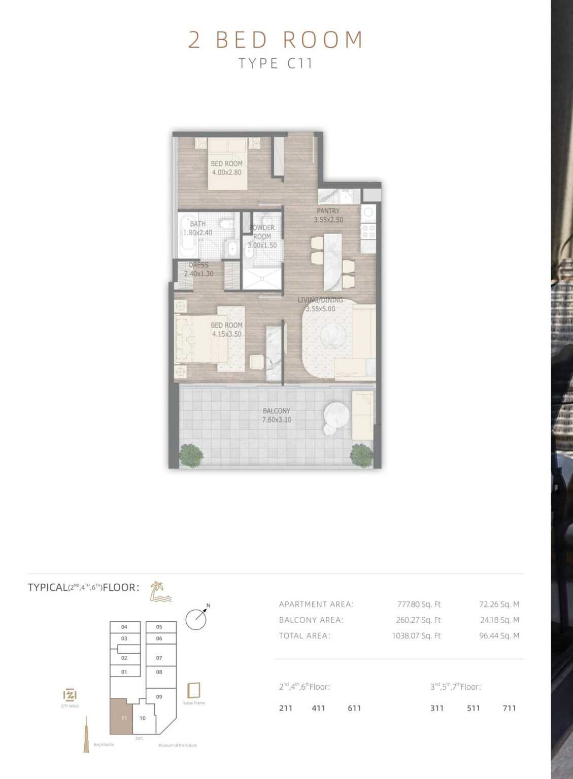 Stamn One 2 bedroom apartment floor plan, type C11, Al Wasl, Dubai