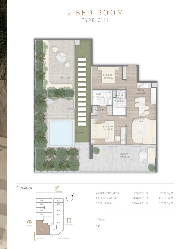 Stamn One 2 bedroom apartment floor plan, type C11 ground floor, Al Wasl, Dubai