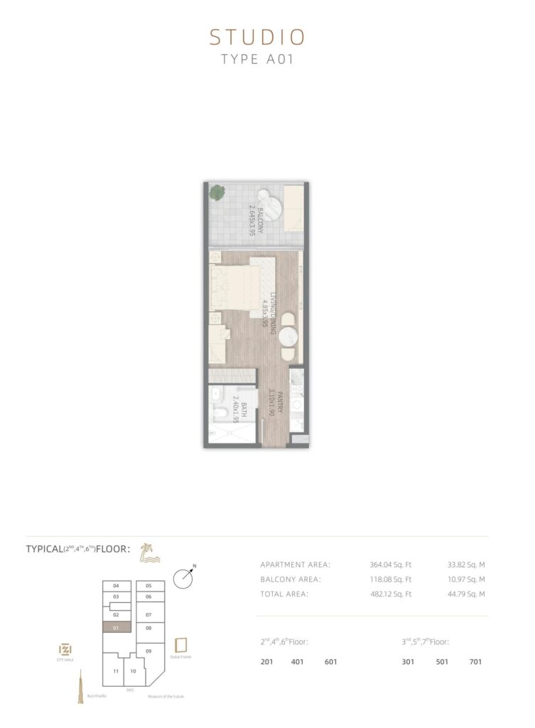 Stamn One studio apartment floor plan, type A01, Al Wasl, Dubai