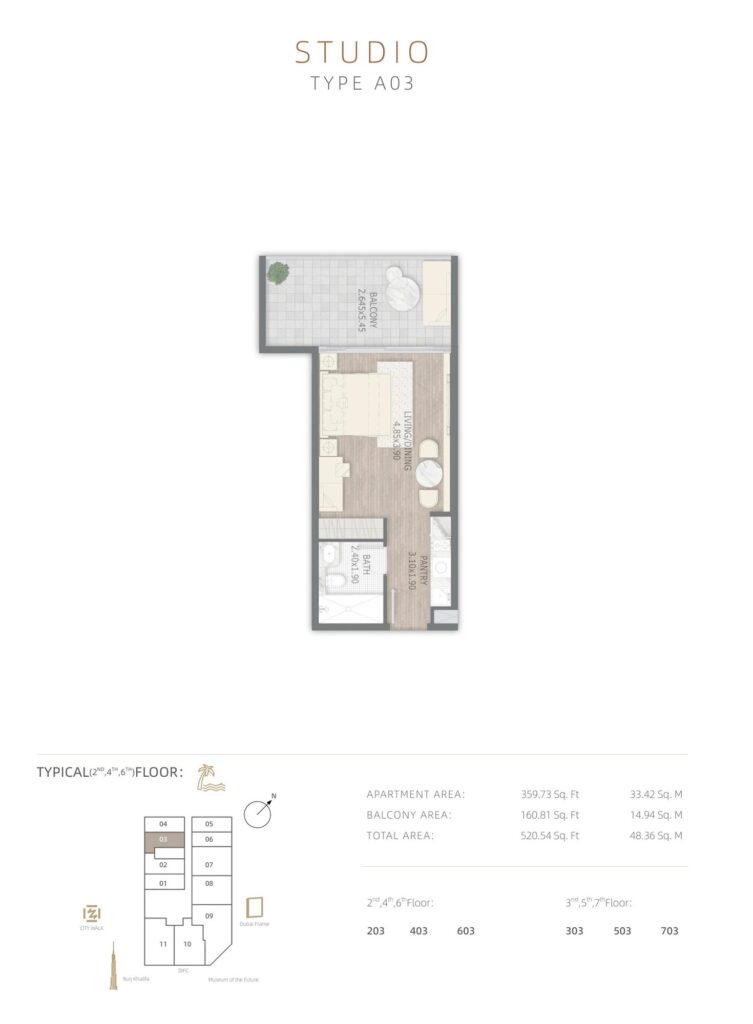 Stamn One studio apartment floor plan, type A03, Al Wasl, Dubai