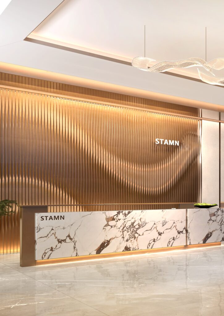 Lobby reception with wave timber wall at Stamn One, Al Wasl, Dubai