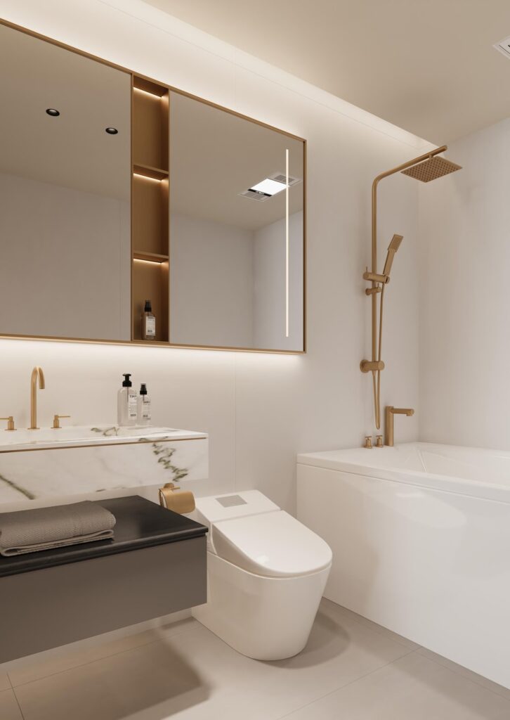 Bathroom with backlit mirror and wall hung WC at Stamn One, Al Wasl, Dubai