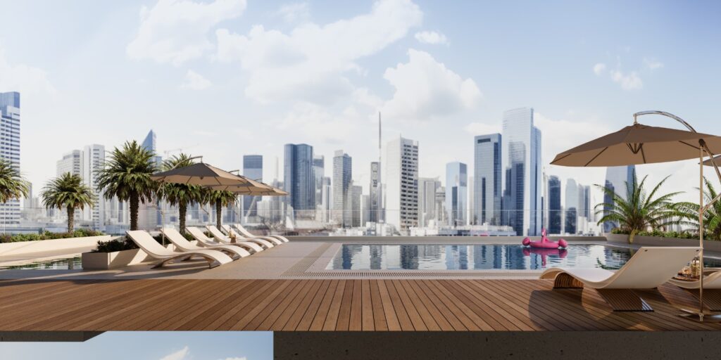 Rooftop pool deck with Downtown skyline at Stamn Yuni, Al Wasl, Dubai