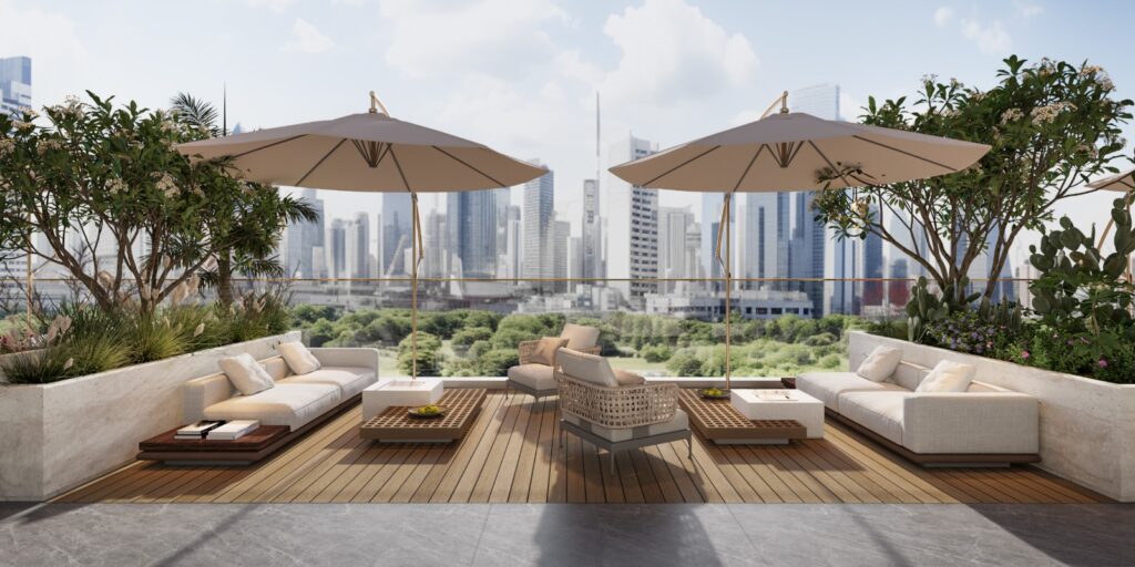 Rooftop lounge with parasols and city view at Stamn Yuni, Al Wasl, Dubai