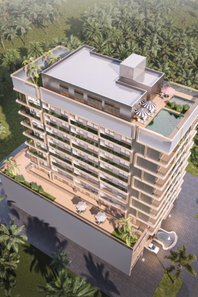Aerial view of Stamn Yuni with rooftop terrace among trees, Al Wasl, Dubai
