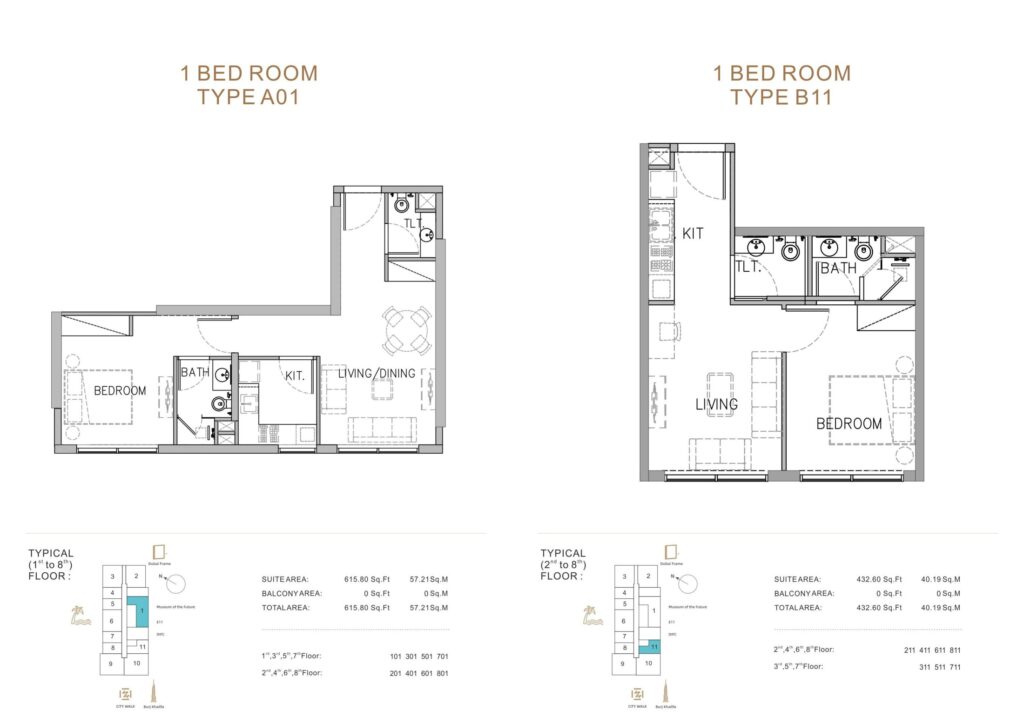 Stamn Yuni studio and 1 bedroom floor plans, sheet 2 of 4, Al Wasl, Dubai