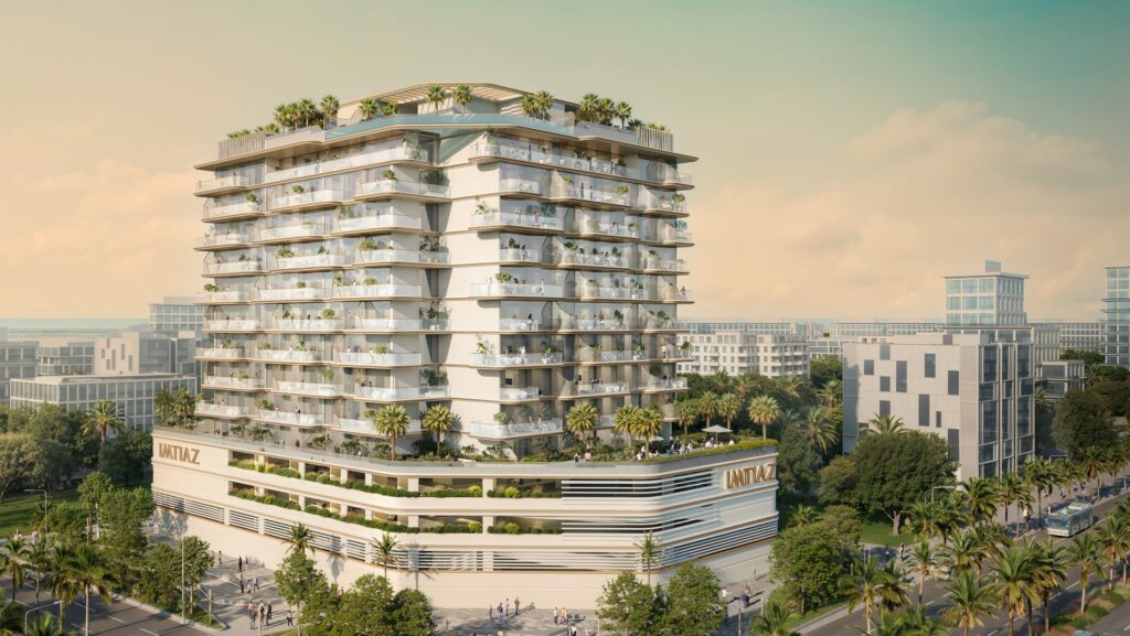 Sunset Bay Grand tower with planted terraces at sunset, Dubai Islands