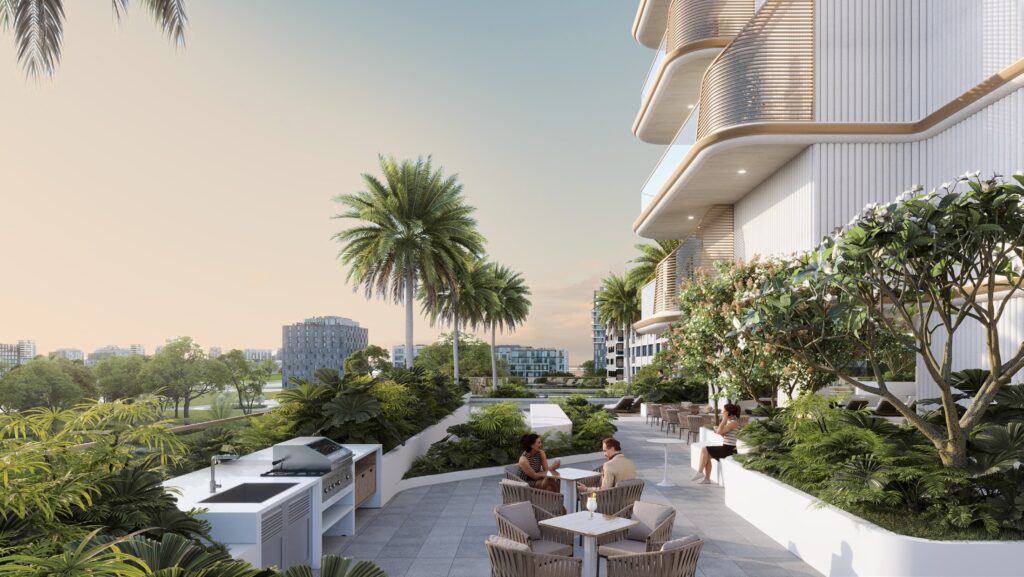 Rooftop garden terrace with palm trees at Sunset Bay Grand, Dubai Islands