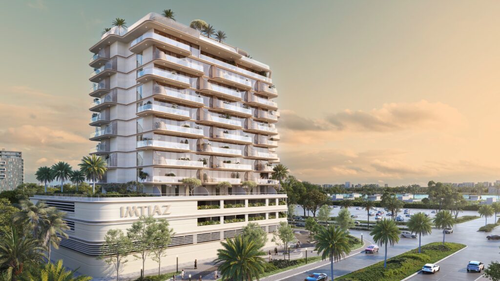 Sunset Bay Grand tower rising above the waterfront promenade, Dubai Islands