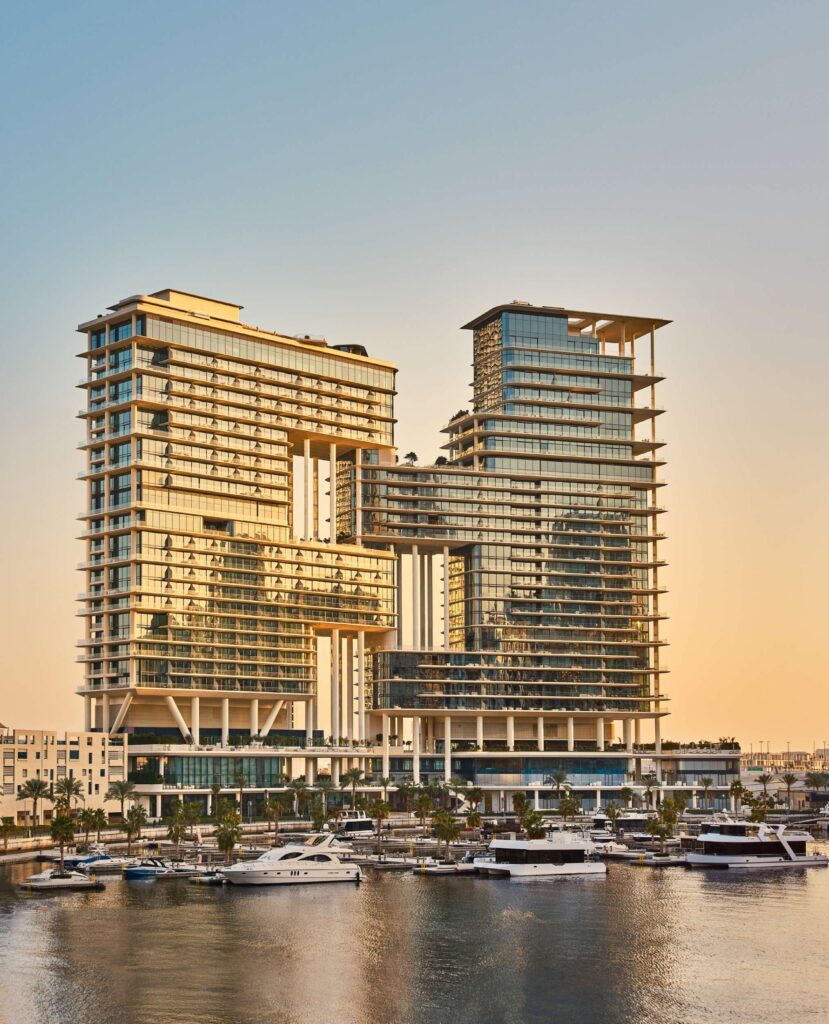 Stepped towers by the marina at sunset, The Alba Residences, Palm Jumeirah