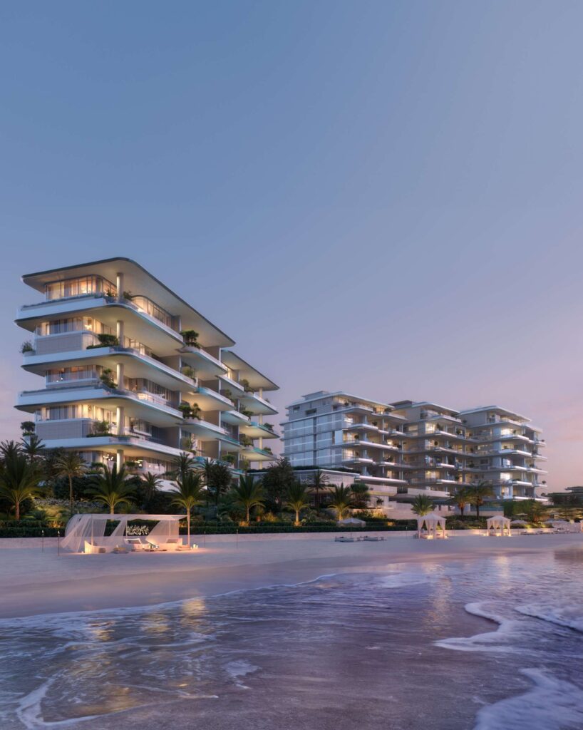 The Alba Residences buildings on the beach at dusk, Palm Jumeirah