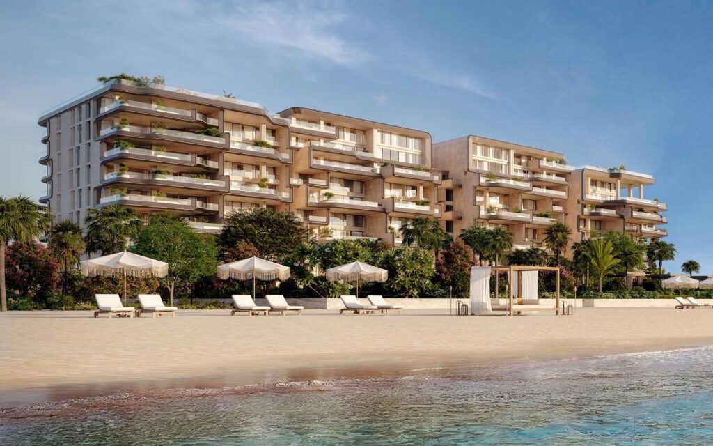 Beach and loungers in front of The Alba Residences, Palm Jumeirah