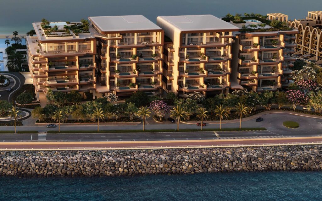 Aerial view of The Alba Residences on the Palm crescent, Palm Jumeirah
