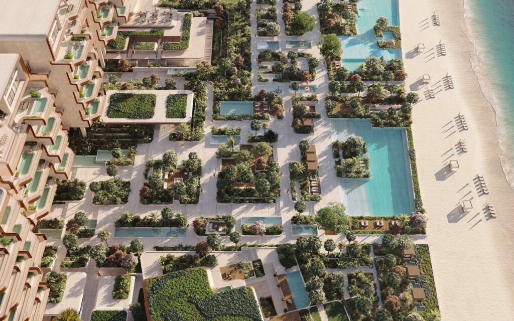 Aerial site plan of The Alba Residences with pools and gardens, Palm Jumeirah