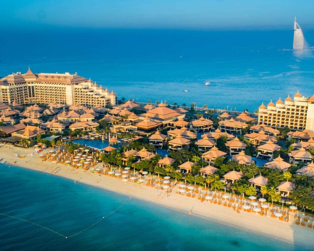 Aerial view of the beachfront resort and lagoons at The Anantara Residences, Palm Jumeirah