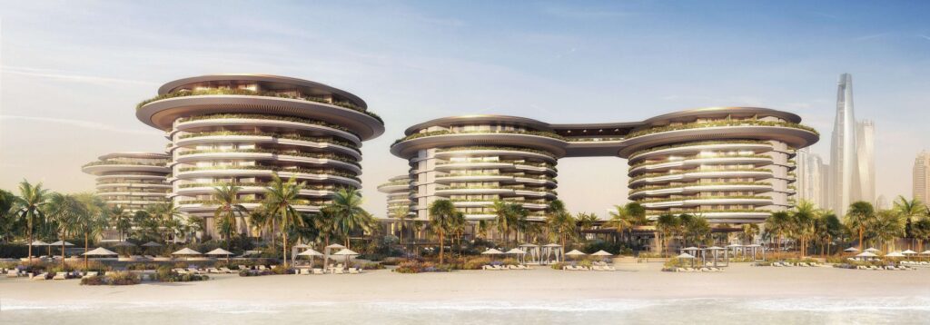Panoramic view of The Residences at The Dubai Beach EDITION along the shoreline, Dubai Harbour