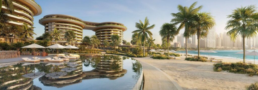 Pool and palm gardens in front of The Residences at The Dubai Beach EDITION, Dubai Harbour
