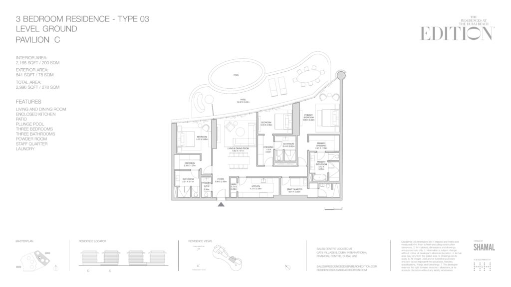 The Residences at The Dubai Beach EDITION 3 bedroom apartment floor plan, layout 1 of 3, Dubai Harbour