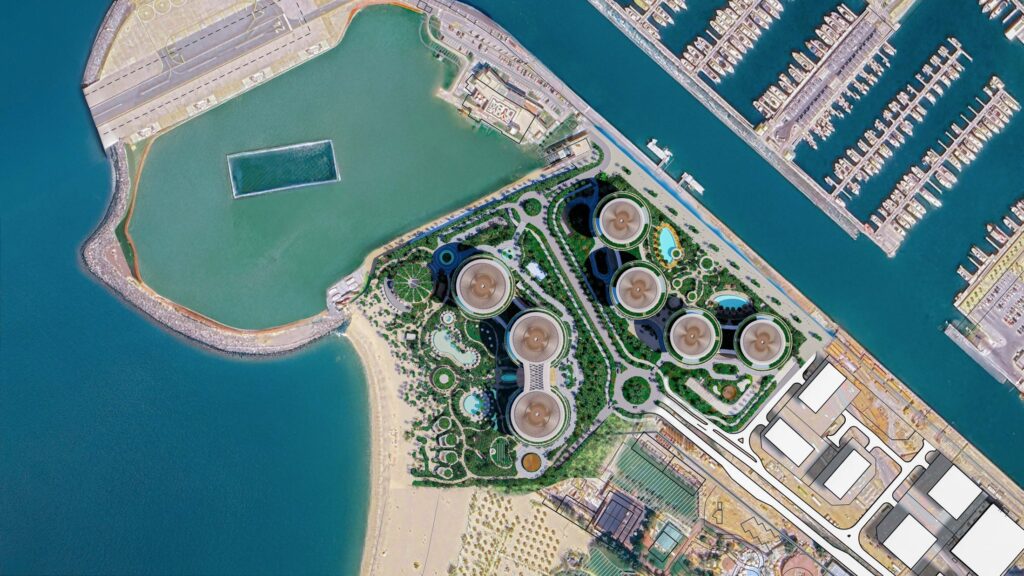Aerial map of Dubai Harbour showing the site of The Residences at The Dubai Beach EDITION