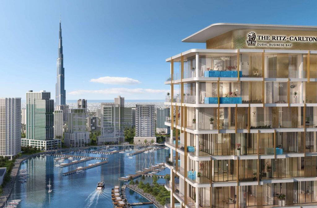 The Ritz Carlton Residences facade overlooking Dubai Water Canal and skyline, Business Bay