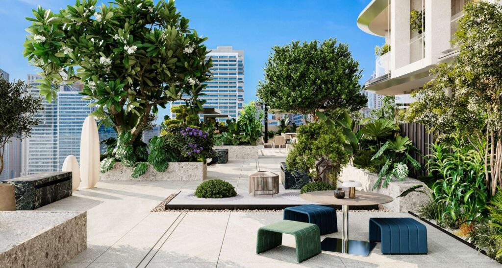 Landscaped roof garden with seating at V Suites by ANAX, Business Bay