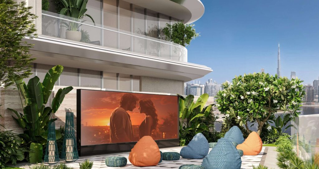 Outdoor cinema with bean bags on the terrace at V Suites by ANAX, Business Bay