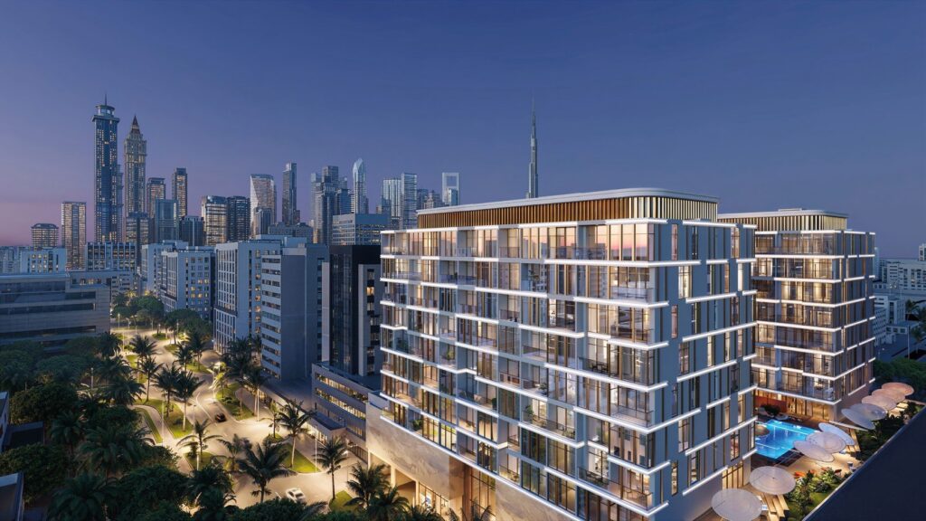 Vibe by Arsenal East building lit at dusk with the city skyline, Al Wasl, Dubai