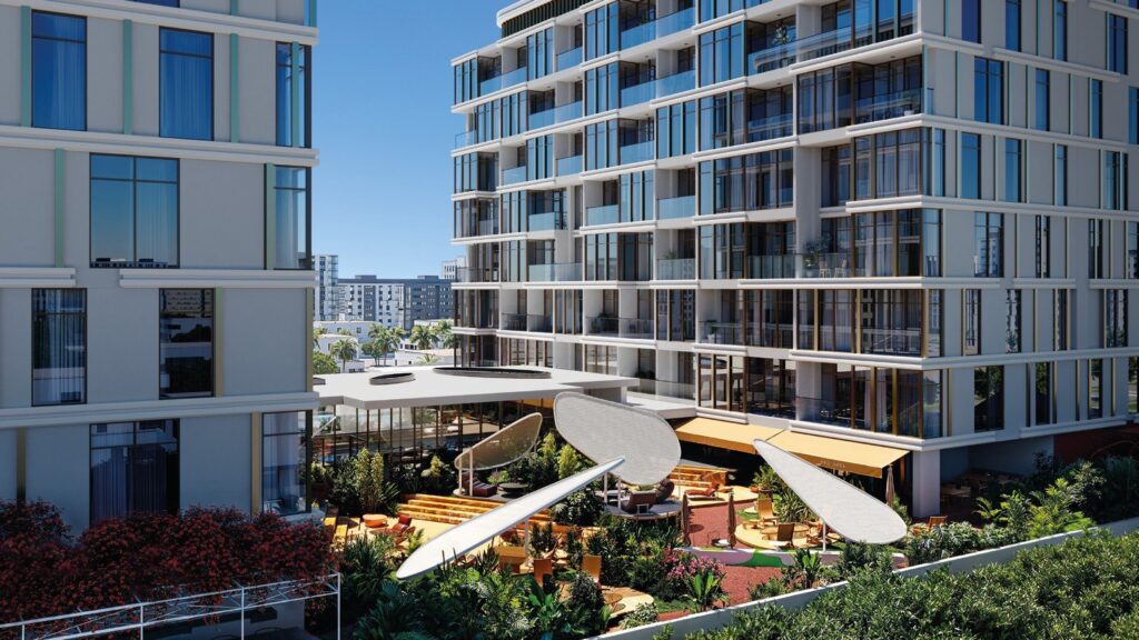 Vibe by Arsenal East buildings with a sculptural garden canopy, Al Wasl, Dubai