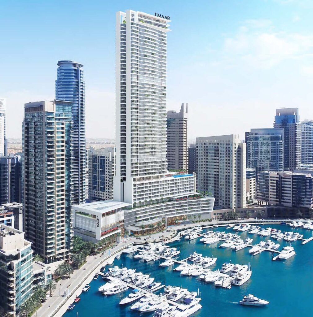 Vida Dubai Marina tower above the marina yacht berths, Dubai Marina