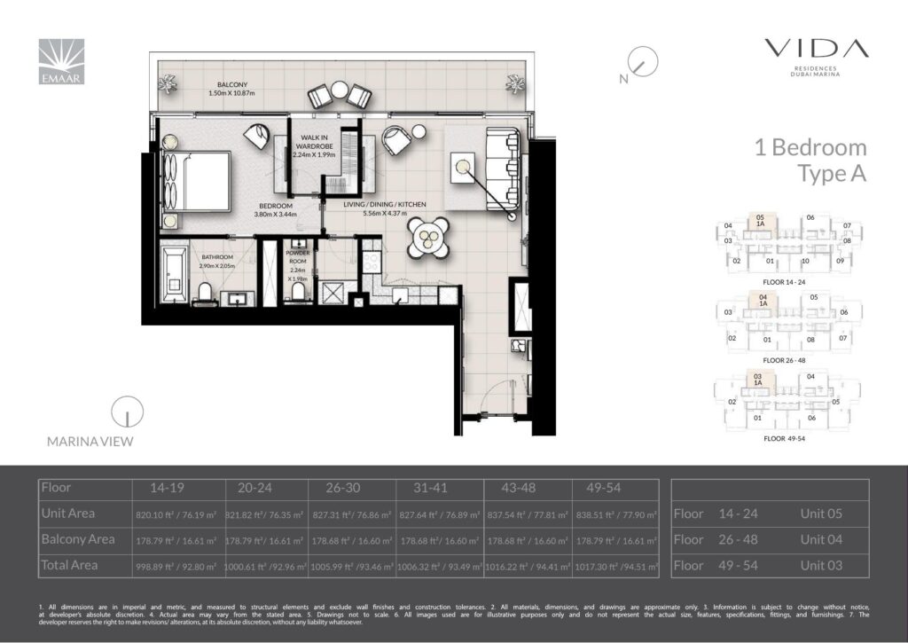 Vida Dubai Marina - Floorplans - 1 Bedroom