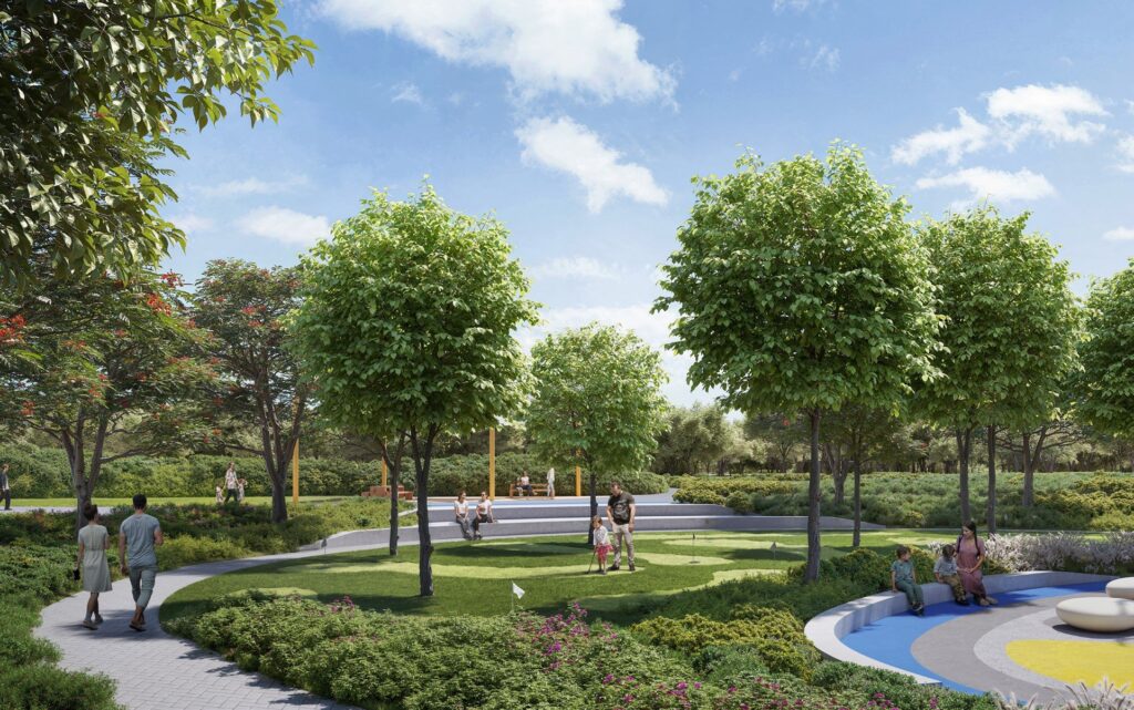 Landscaped park with trees and paths at Vida Residences Hillside, Dubai Hills Estate