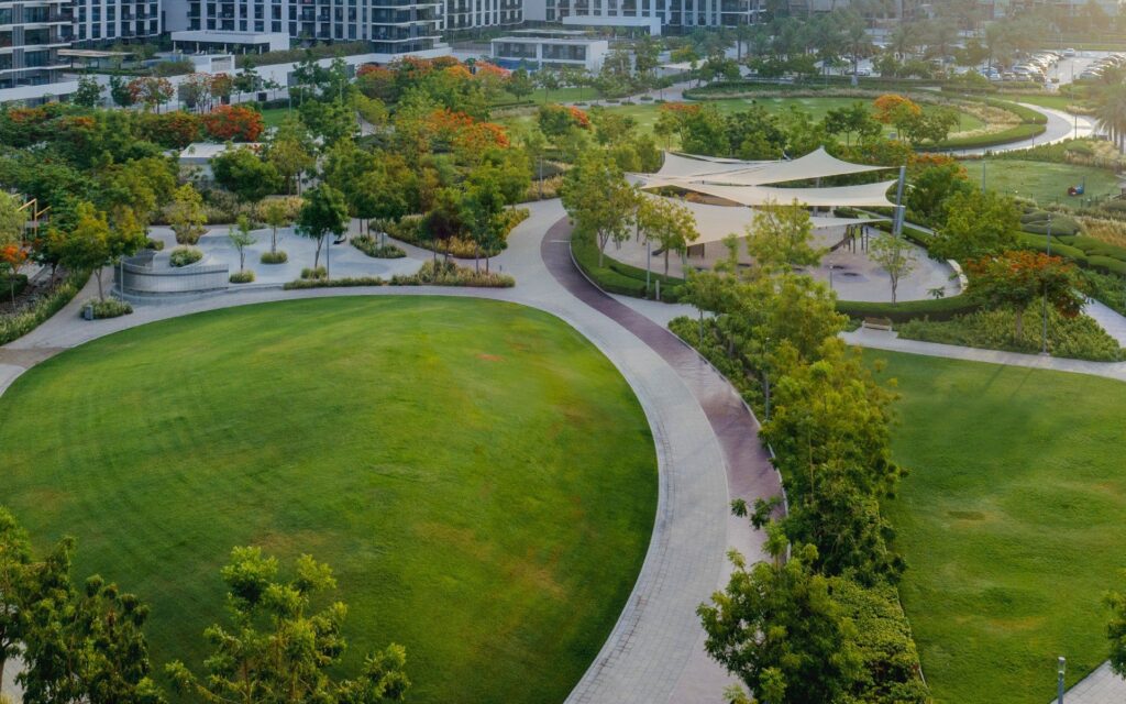 Aerial view of the green park beside Vida Residences Hillside, Dubai Hills Estate