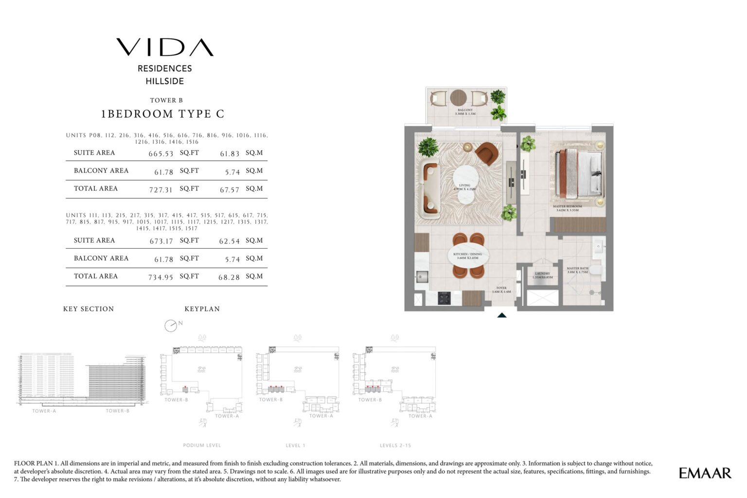 Vida Residences Hillside 1 bedroom apartment layout 3 floor plan, Dubai Hills Estate