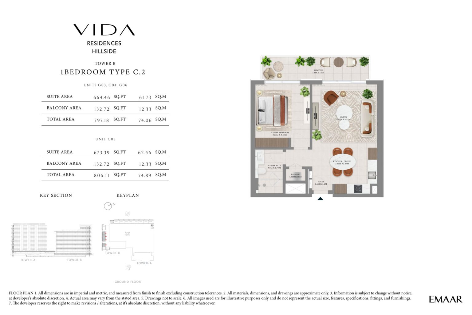 Vida Residences Hillside 1 bedroom apartment unit G05 floor plan, Dubai Hills Estate