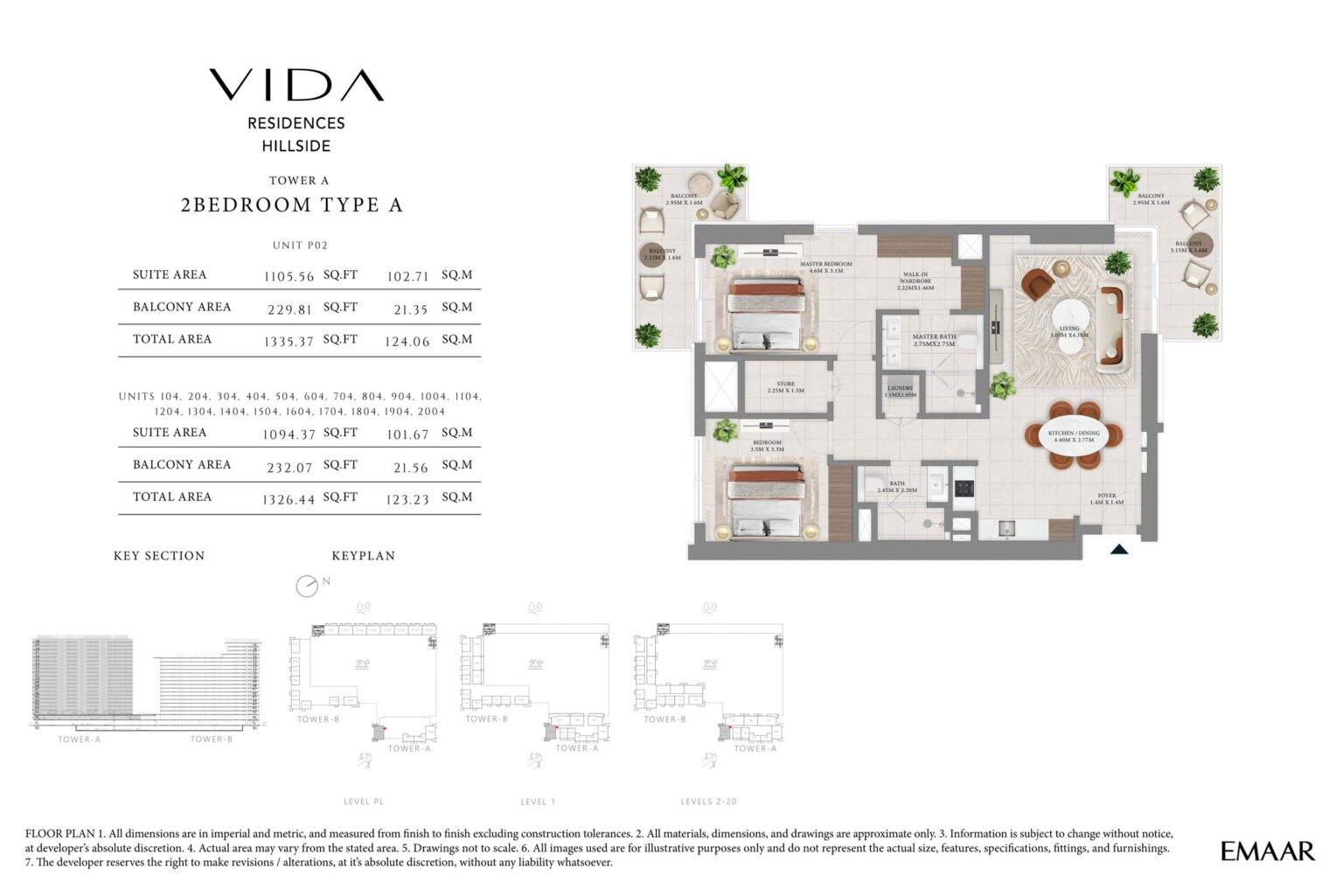 Vida Residences Hillside 2 bedroom apartment unit P02 floor plan, Dubai Hills Estate