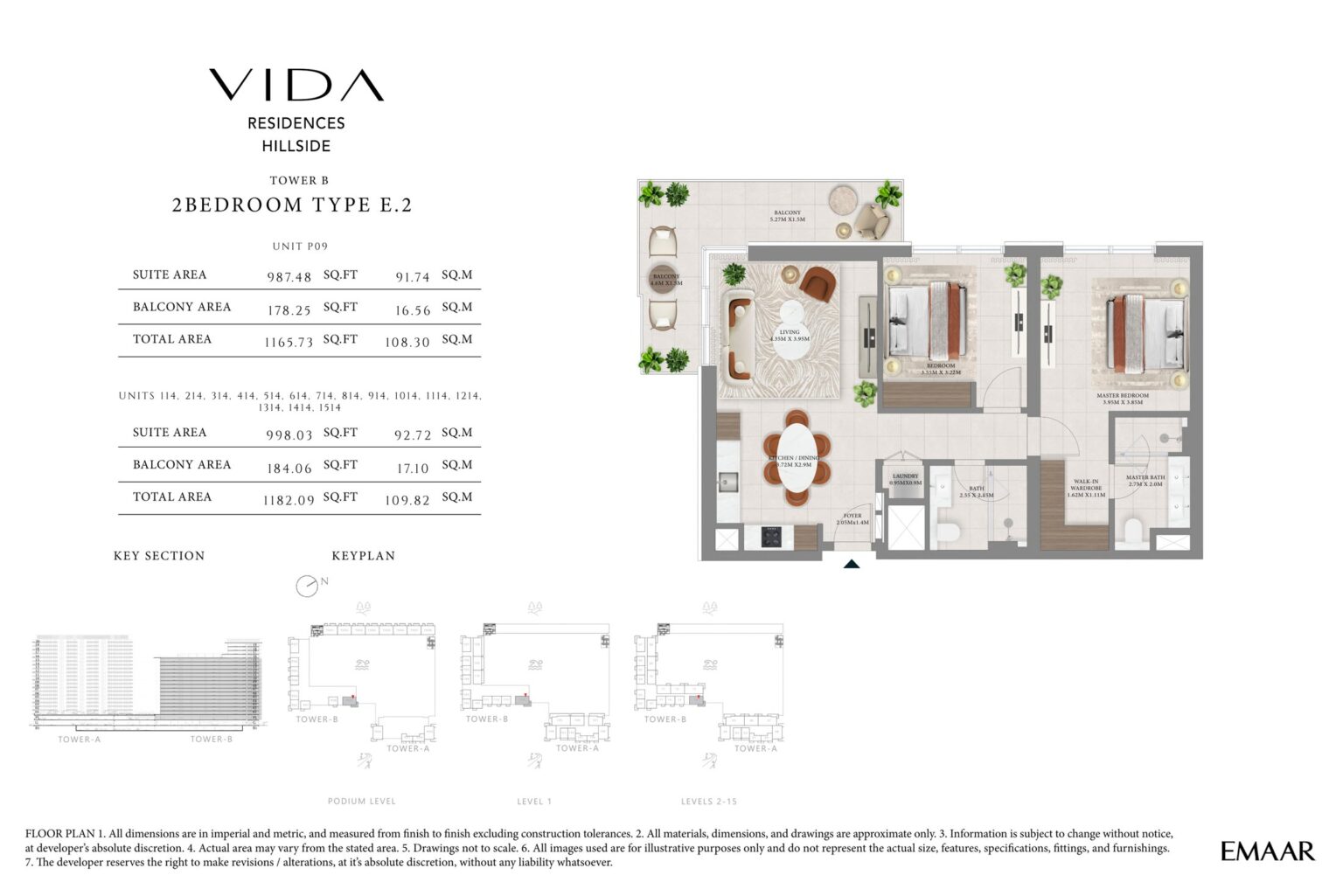 Vida Residences Hillside 2 bedroom apartment unit P09 floor plan, Dubai Hills Estate