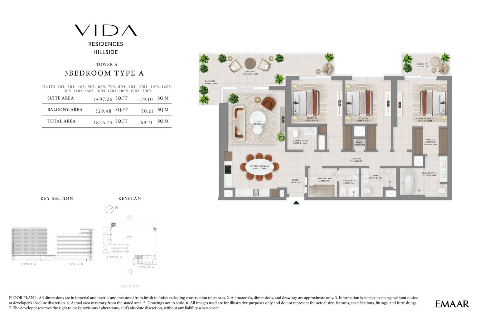 Vida Residences Hillside 3 bedroom apartment floor plan, Dubai Hills Estate