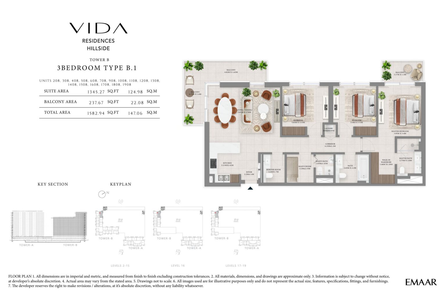 Vida Residences Hillside 3 bedroom apartment layout 3 floor plan, Dubai Hills Estate