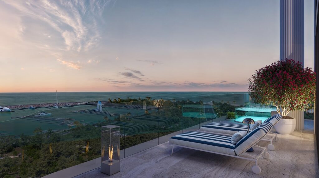 Terrace lounger overlooking the sea at sunset at Villa Dell Arte, Dubai Islands