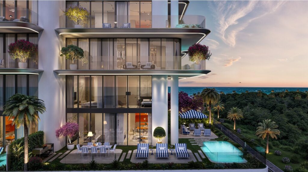 Balconies and garden pool at dusk at Villa Dell Arte, Dubai Islands