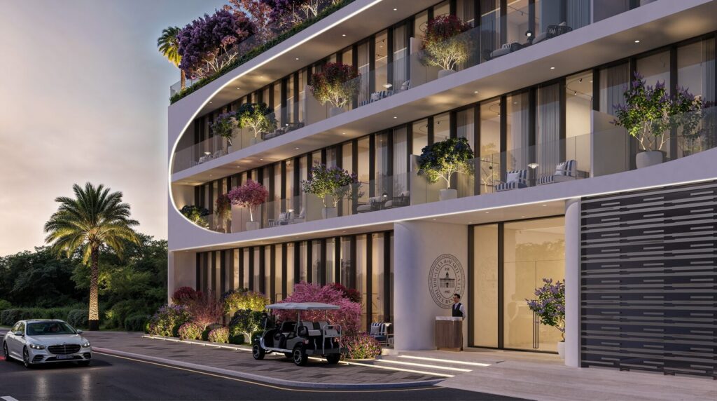 Street view of Villa Dell Arte with planted balconies, Dubai Islands