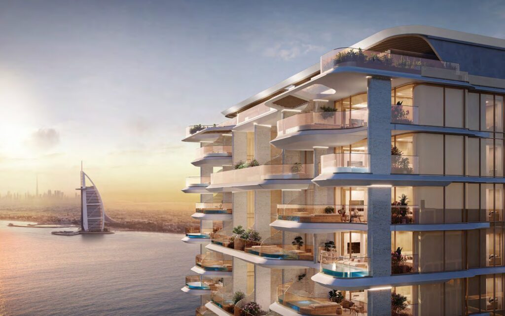 Curved balconies of Vitalia with Burj Al Arab view, Palm Jumeirah