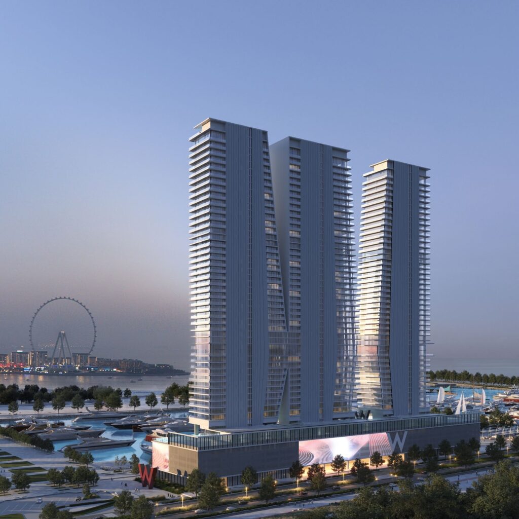 W Residences Dubai Harbour towers with Ain Dubai in the distance