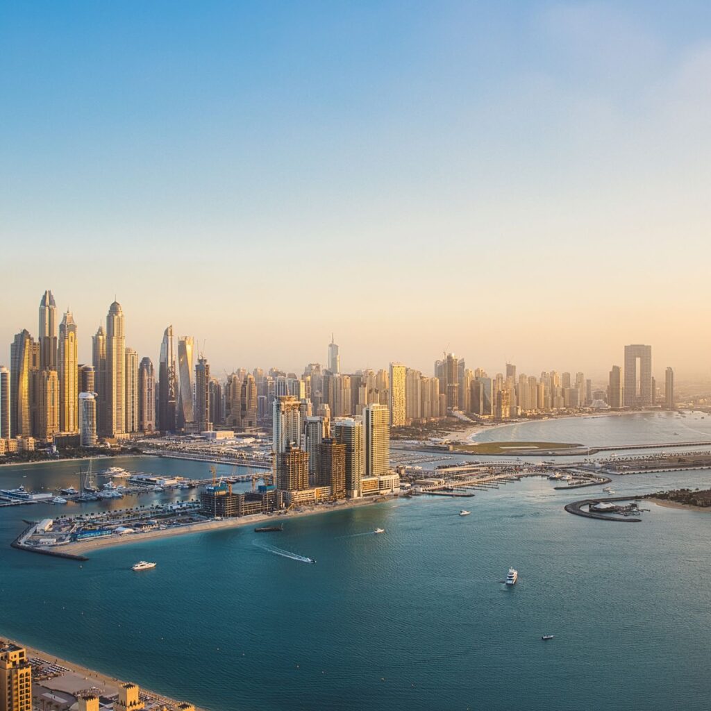 Aerial view of the Dubai Marina skyline from Dubai Harbour near W Residences Dubai Harbour