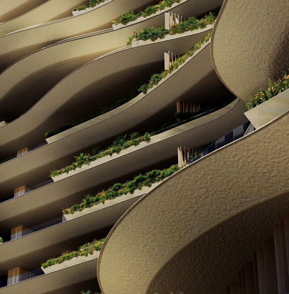 Sculpted planted balconies of Wedyan The Canal, Business Bay
